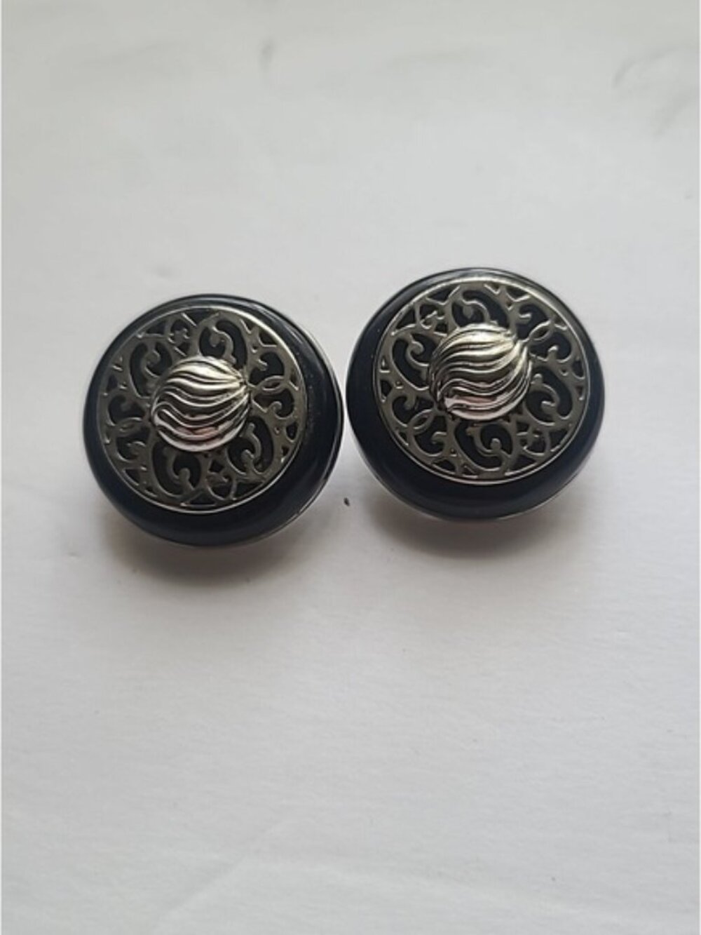 Vtg Silvertone And Black Earrings Clip on Button Filigree
